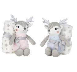 Plüsch-Rentier "Mia und Milo" mit Fleecedecke rosa u. lila - 27 cm