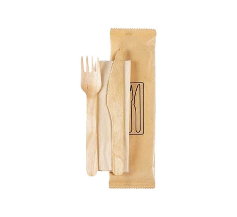 Holz-Besteckset - Messer - Gabel 16cm - Serviette 25x25cm