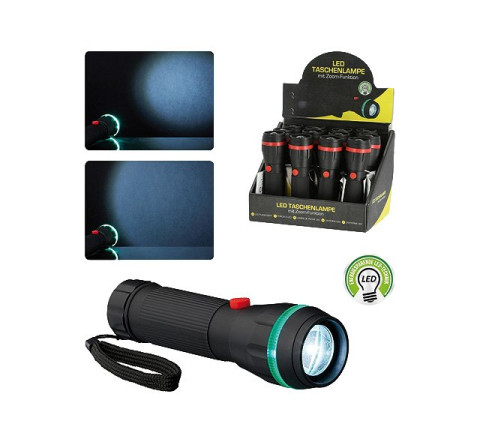 LED Taschenlampe mit Zoom Funktion ,16x2,5cm 12 Stück im Display , 3x AAA  nicht